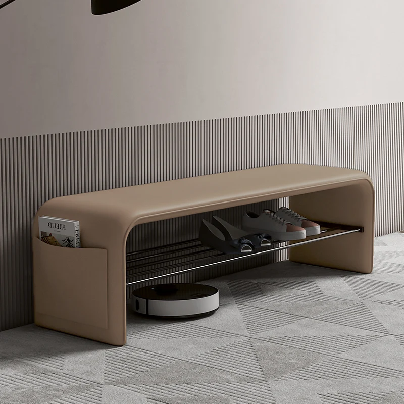 Modern Simplicity Eco-friendly Synthetic Leather Carbon Steel Rectangular Shoe Shelf Bench 2-Tier Storage For Entryway