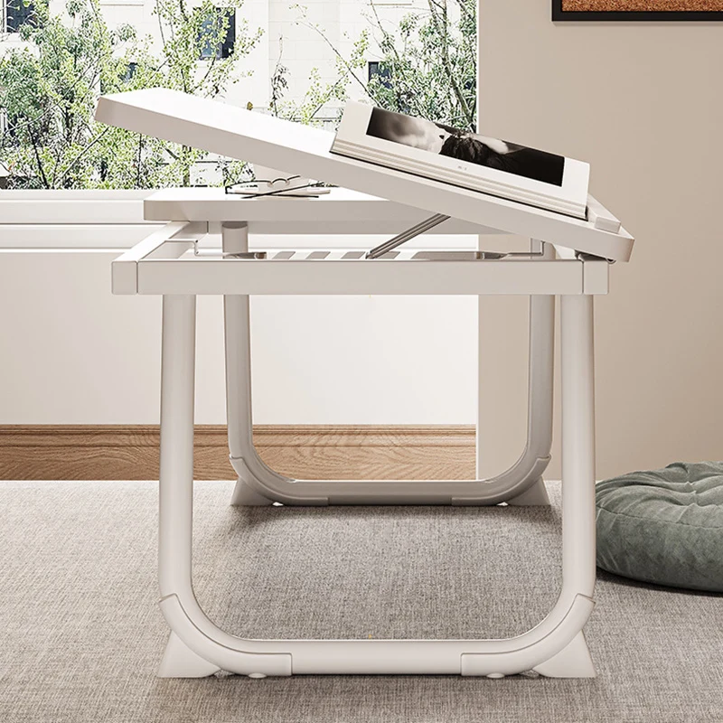 Contemporary Nordic Carbon Steel MDF Rectangular Desks Foldable Angle Adjustable 2-Tray Saucer For Study