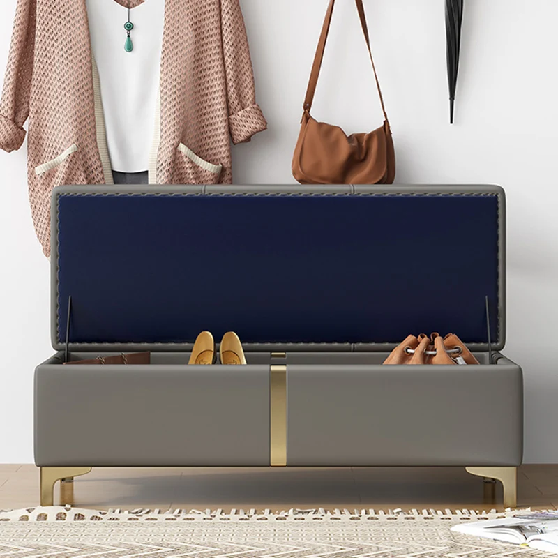Contemporary Scandinavian Faux Leather Wood Titanium Alloy Sponge Rectangular Storage Bench Backless For Entryway