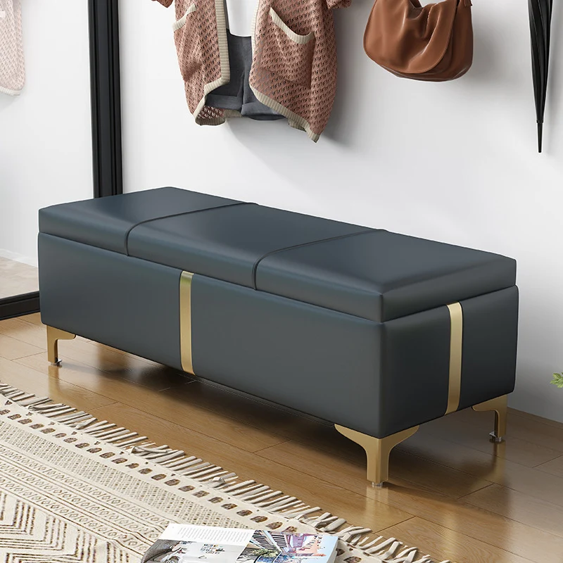 Contemporary Scandinavian Faux Leather Wood Titanium Alloy Sponge Rectangular Storage Bench Backless For Entryway