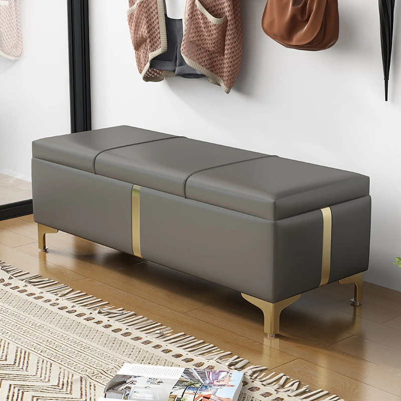 Contemporary Scandinavian Faux Leather Wood Titanium Alloy Sponge Rectangular Storage Bench Backless For Entryway