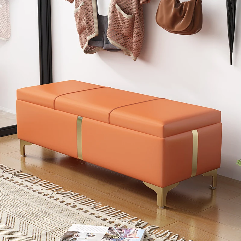 Contemporary Scandinavian Faux Leather Wood Titanium Alloy Sponge Rectangular Storage Bench Backless For Entryway