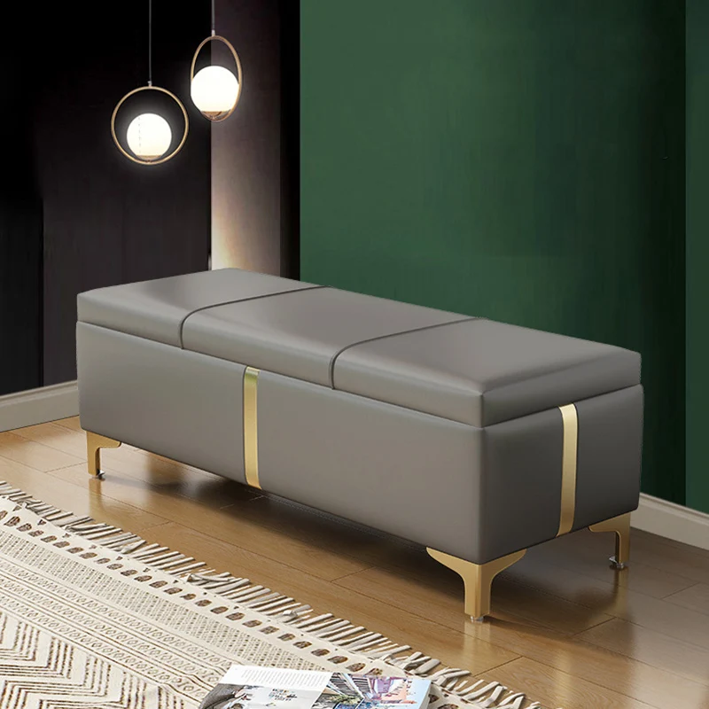 Contemporary Scandinavian Faux Leather Wood Titanium Alloy Sponge Rectangular Storage Bench Backless For Entryway