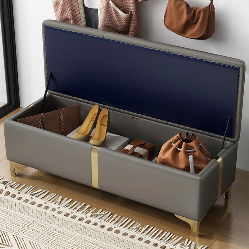 Contemporary Scandinavian Faux Leather Wood Titanium Alloy Sponge Rectangular Storage Bench Backless For Entryway