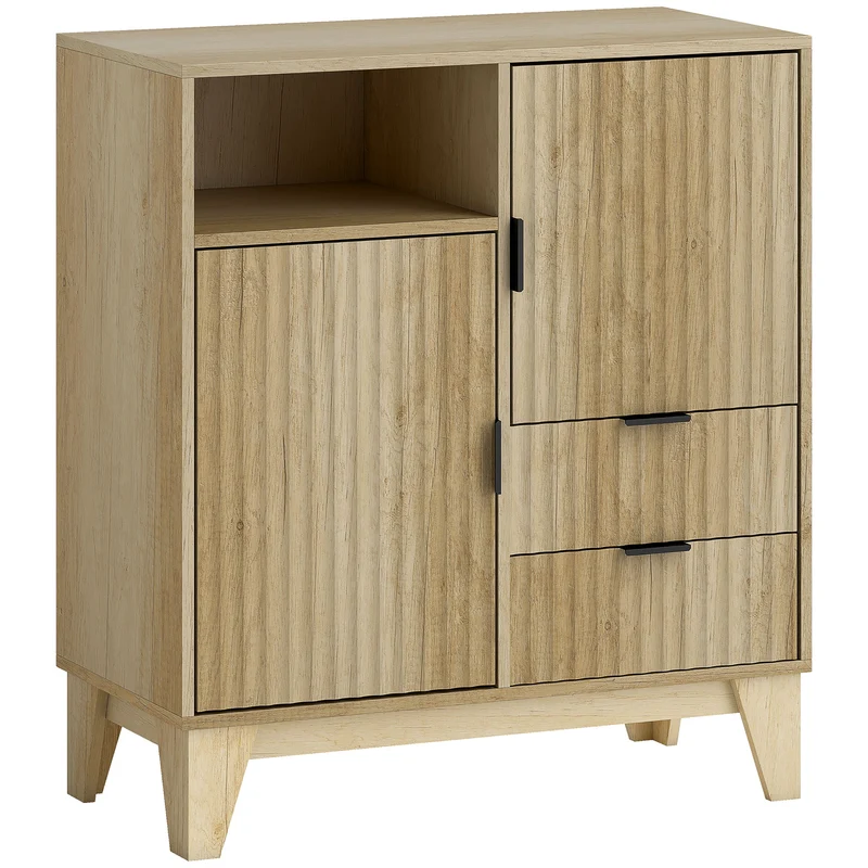 Aparador para Sala Móvel de Arrumação 2 Portas 2 Gavetas Prateleira Regulável Compartimento Aberto 80x40x90 cm Madeira Natural