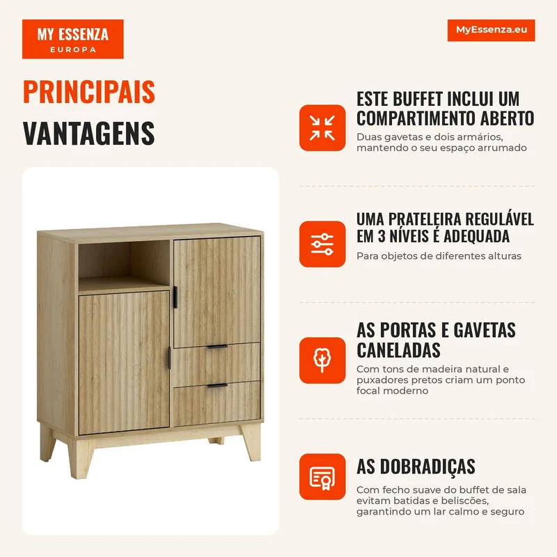 Aparador para Sala Móvel de Arrumação 2 Portas 2 Gavetas Prateleira Regulável Compartimento Aberto 80x40x90 cm Madeira Natural