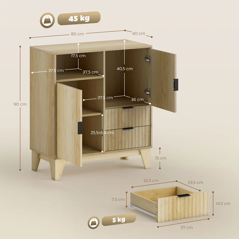 Aparador para Sala Móvel de Arrumação 2 Portas 2 Gavetas Prateleira Regulável Compartimento Aberto 80x40x90 cm Madeira Natural