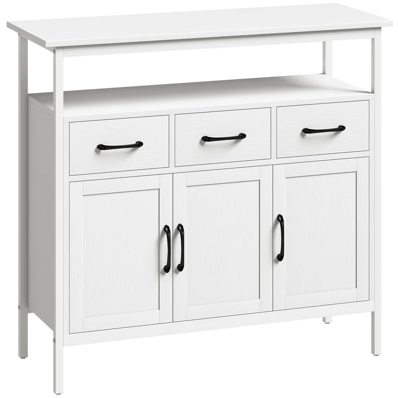 Aparador Cozinha Móvel de Arrumação 3 Portas 3 Gavetas Compartimento Aberto e Prateleiras Ajustáveis 95x35x88 cm Branco