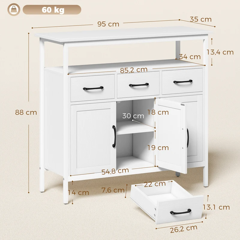 Aparador Cozinha Móvel de Arrumação 3 Portas 3 Gavetas Compartimento Aberto e Prateleiras Ajustáveis 95x35x88 cm Branco
