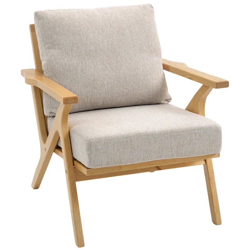 Poltrona de Sala Poltrona Escandinava em Tecido Efeito Linho Almofadas Estofadas e Pés em Madeira de Hévea 76x87x88cm Bege