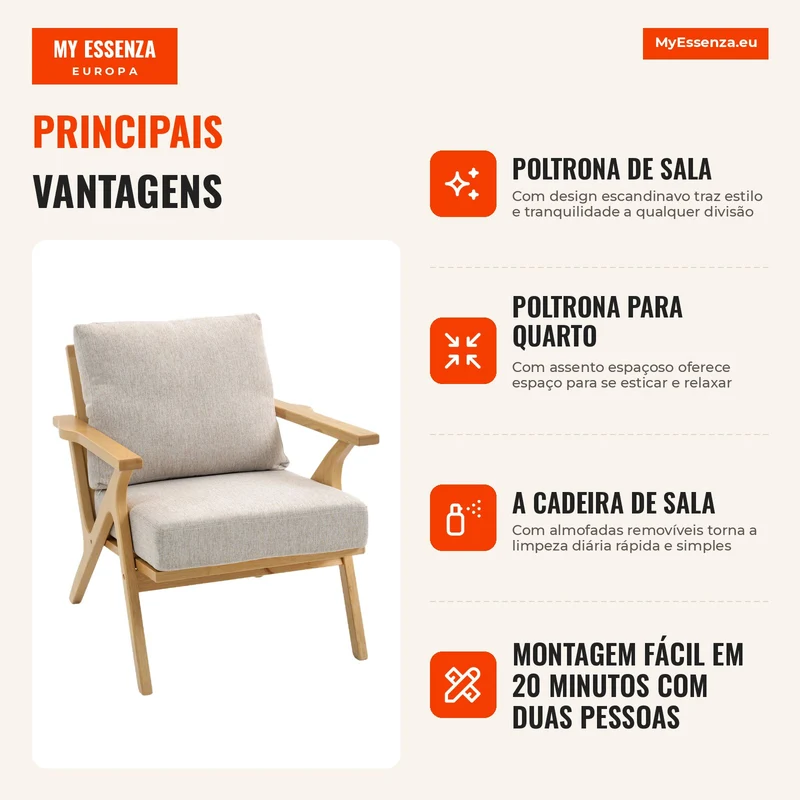 Poltrona de Sala Poltrona Escandinava em Tecido Efeito Linho Almofadas Estofadas e Pés em Madeira de Hévea 76x87x88cm Bege