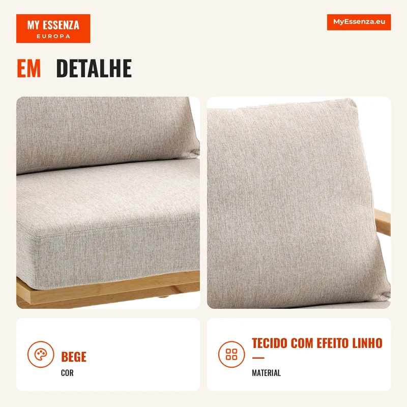 Poltrona de Sala Poltrona Escandinava em Tecido Efeito Linho Almofadas Estofadas e Pés em Madeira de Hévea 76x87x88cm Bege