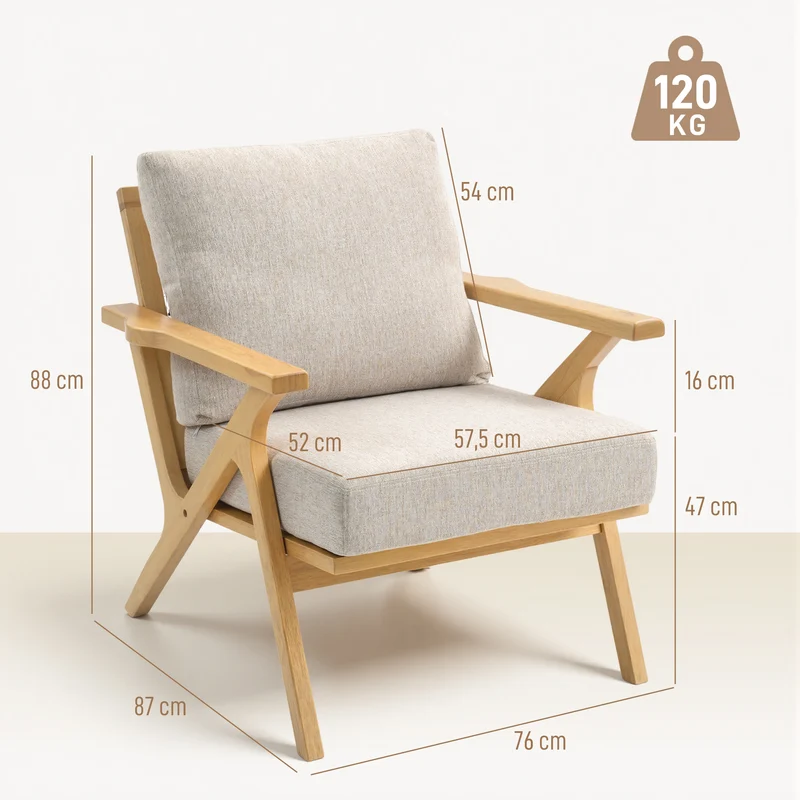 Poltrona de Sala Poltrona Escandinava em Tecido Efeito Linho Almofadas Estofadas e Pés em Madeira de Hévea 76x87x88cm Bege