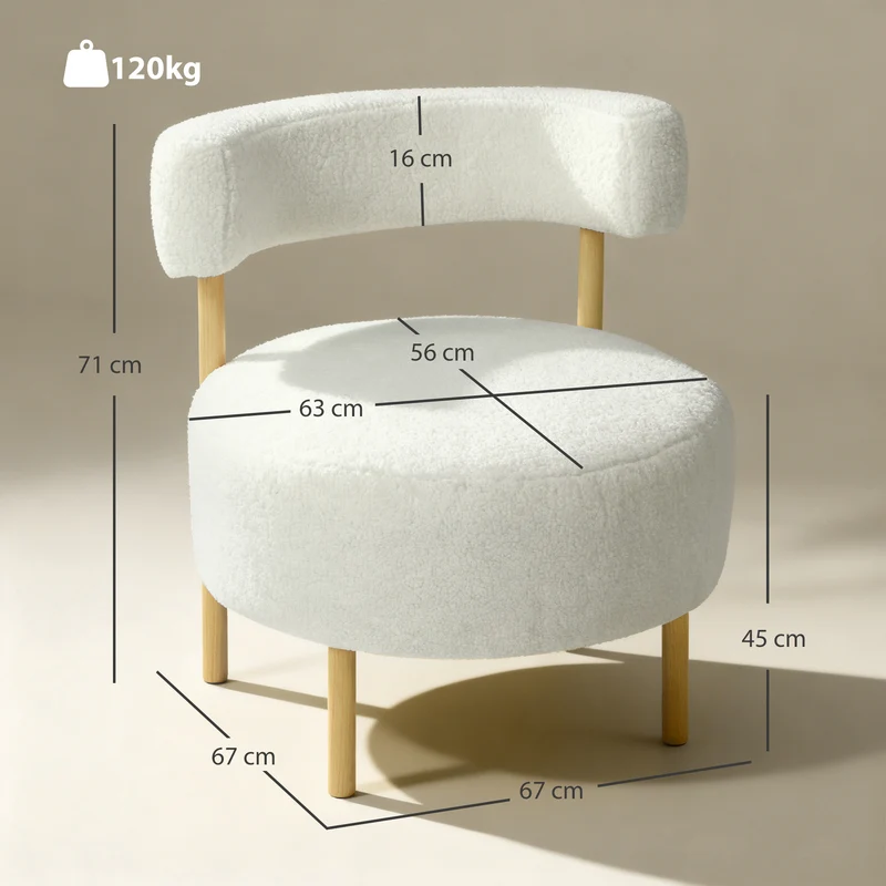 Poltrona Loungesessel Poltrona relax com Sherpa-Fleece, pés metálicos com efeito madeira Poltrona estofada 67 x 67 x 71 cm Creme