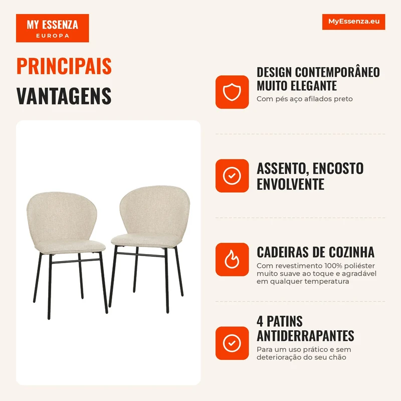 Conjunto de 2 cadeiras de sala de jantar assento acolchoado em tecido com aspecto de linho pés em aço estável design moderno creme