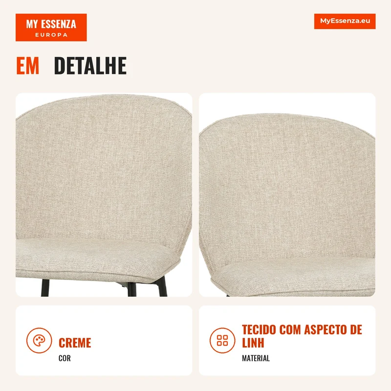 Conjunto de 2 cadeiras de sala de jantar assento acolchoado em tecido com aspecto de linho pés em aço estável design moderno creme