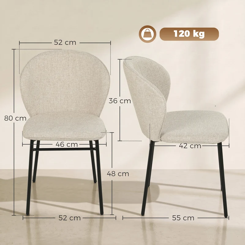 Conjunto de 2 cadeiras de sala de jantar assento acolchoado em tecido com aspecto de linho pés em aço estável design moderno creme