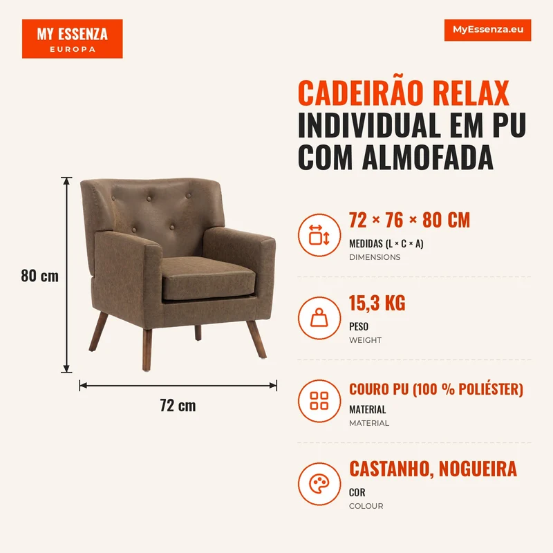 Cadeirão Relax Individual em PU com Almofada de Assento com Molas, Encosto Acolchoado e Pés de Madeira 72x76x80 cm Castanho