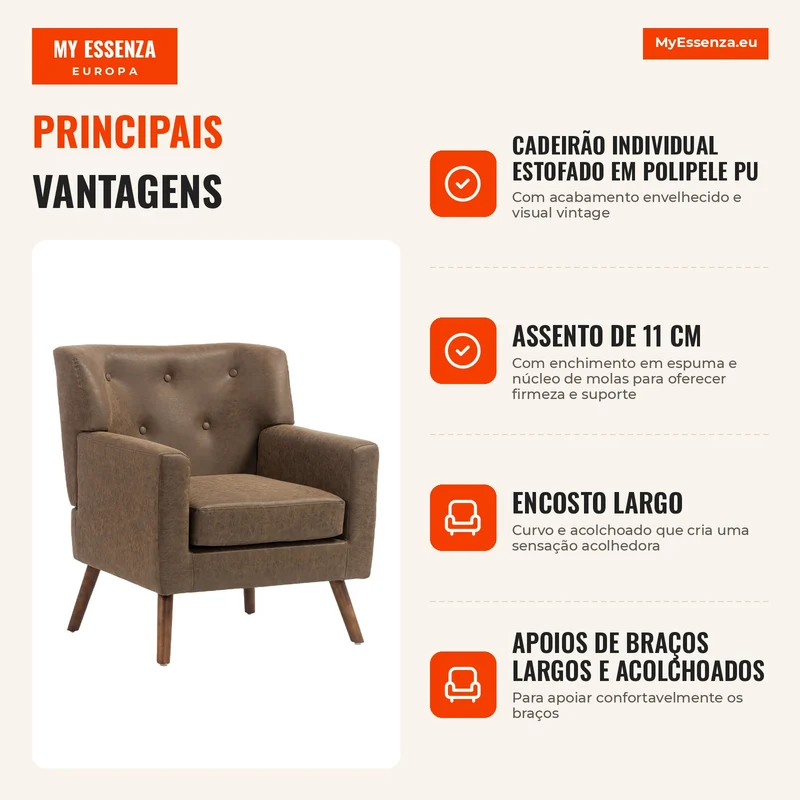 Cadeirão Relax Individual em PU com Almofada de Assento com Molas, Encosto Acolchoado e Pés de Madeira 72x76x80 cm Castanho