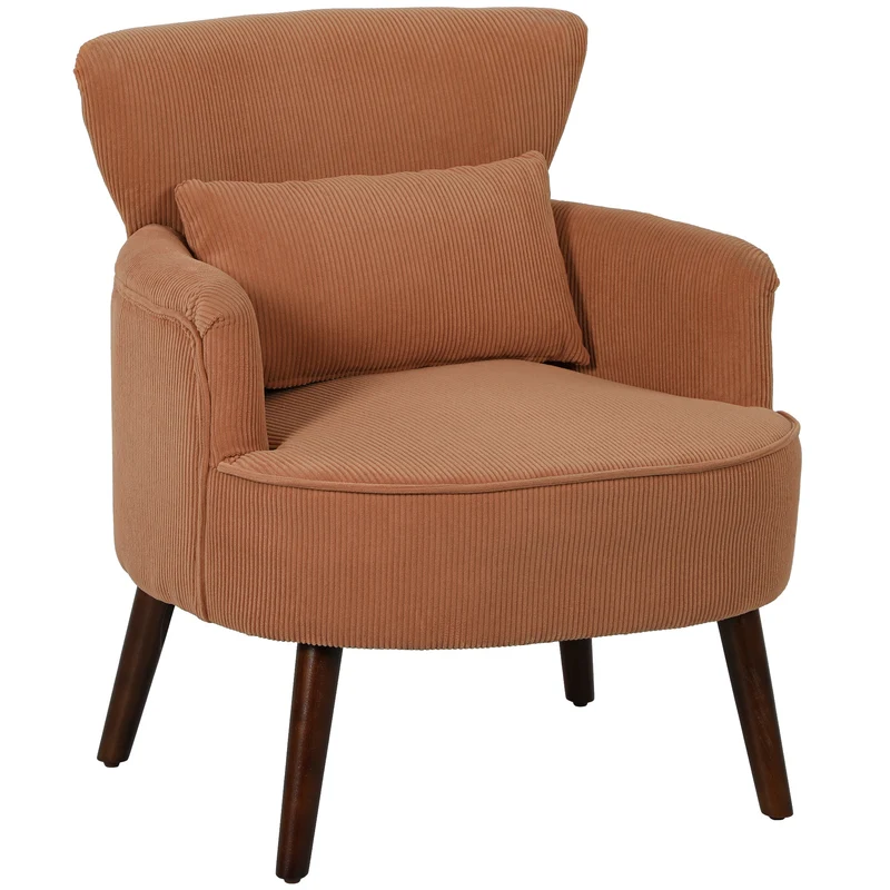 Poltrona moderna com apoios de braço, cadeira de destaque estofada com almofada lombar, pés em madeira de seringueira, Laranja