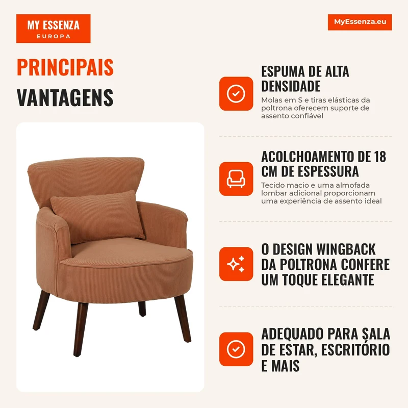 Poltrona moderna com apoios de braço, cadeira de destaque estofada com almofada lombar, pés em madeira de seringueira, Laranja