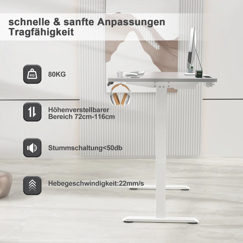 S2 Elektrisch höhenverstellbarer Schreibtisch mit Steckdosenleiste und kabellosem Laden