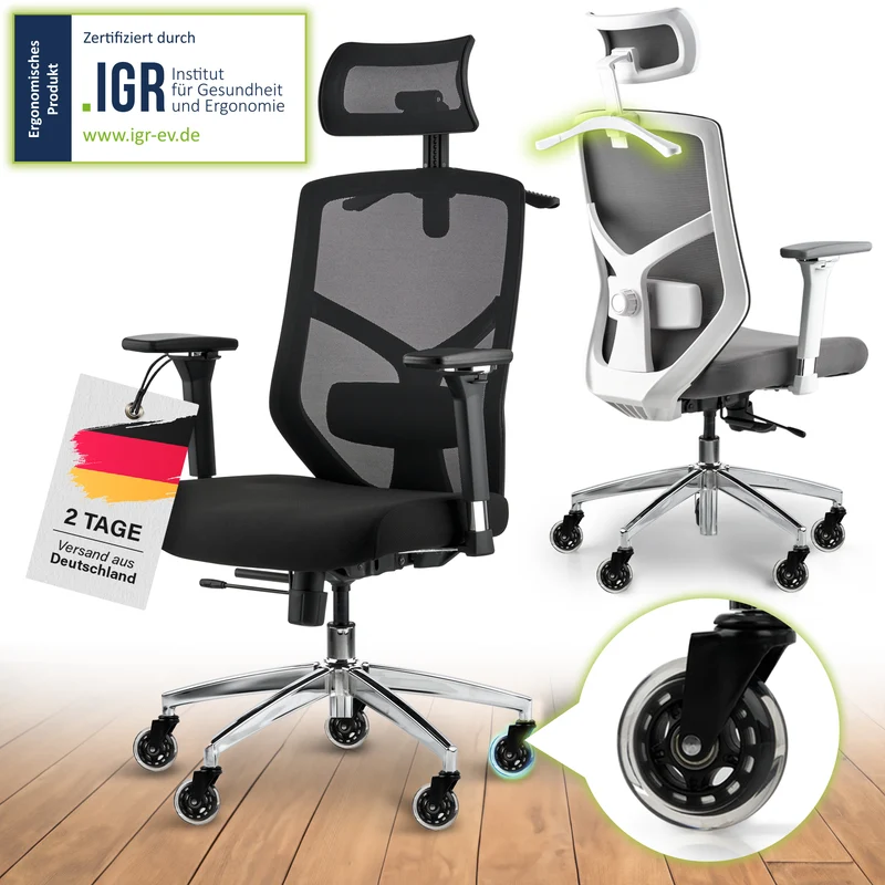 Ergonomischer Bürostuhl mit 4D Armlehnen, FineMesh & Silent Wheels