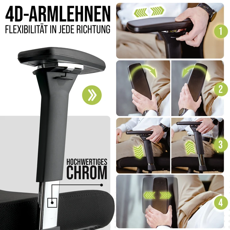 Ergonomischer Bürostuhl mit 4D Armlehnen, FineMesh & Silent Wheels
