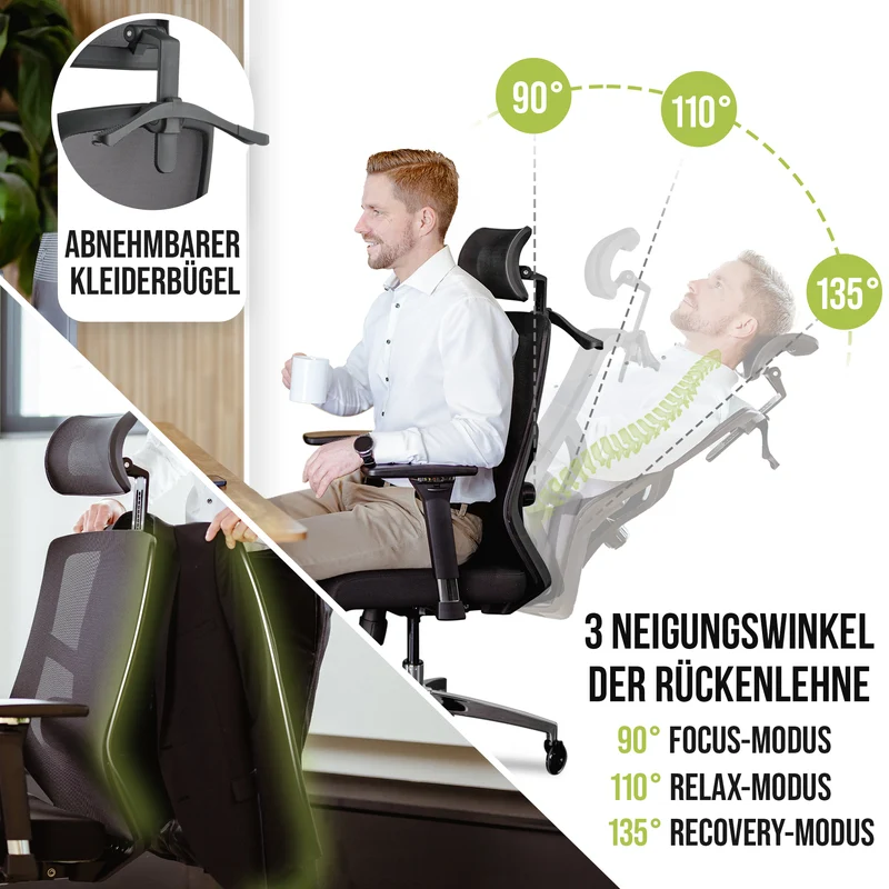 Ergonomischer Bürostuhl mit 4D Armlehnen, FineMesh & Silent Wheels