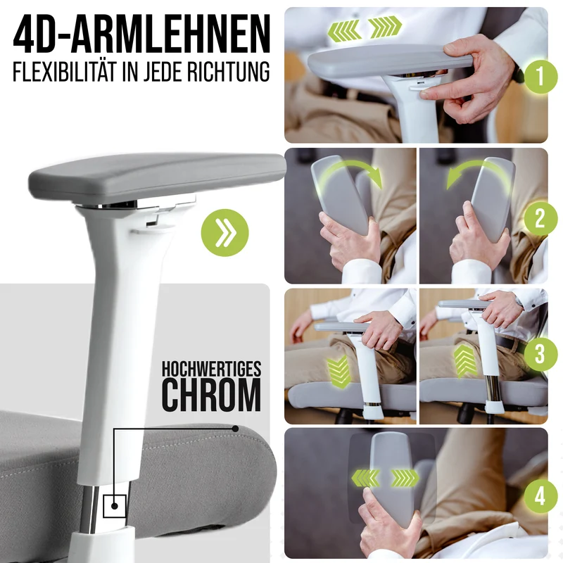 Ergonomischer Bürostuhl mit 4D Armlehnen, FineMesh & Silent Wheels