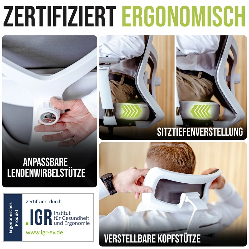 Ergonomischer Bürostuhl mit 4D Armlehnen, FineMesh & Silent Wheels