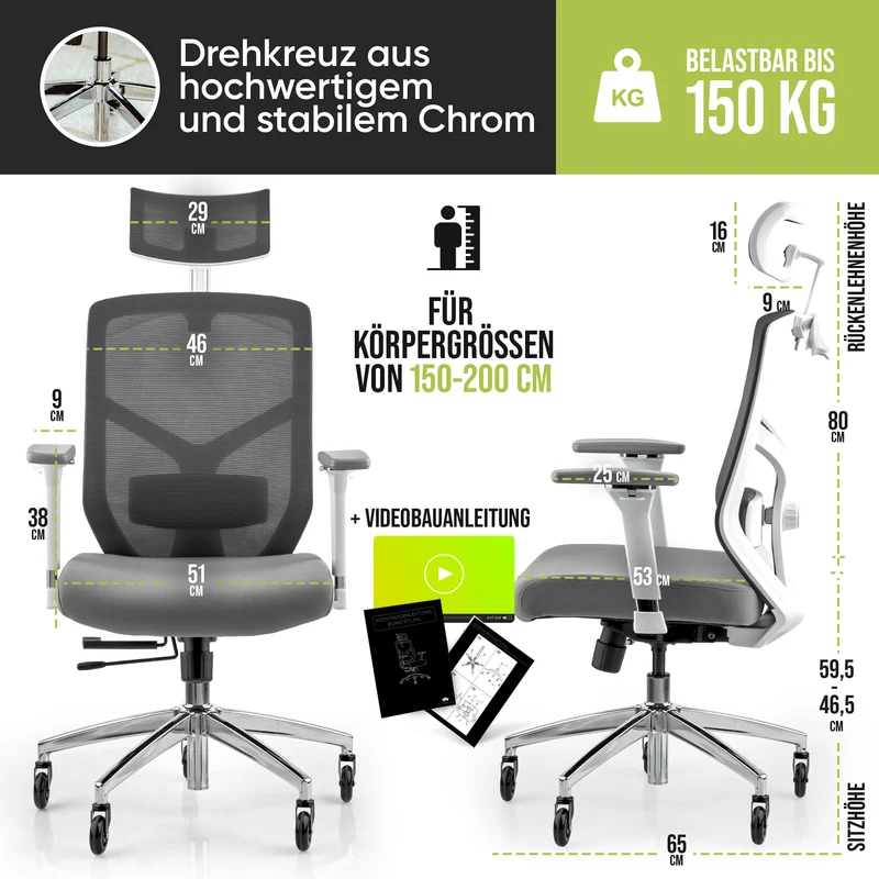 Ergonomischer Bürostuhl mit 4D Armlehnen, FineMesh & Silent Wheels