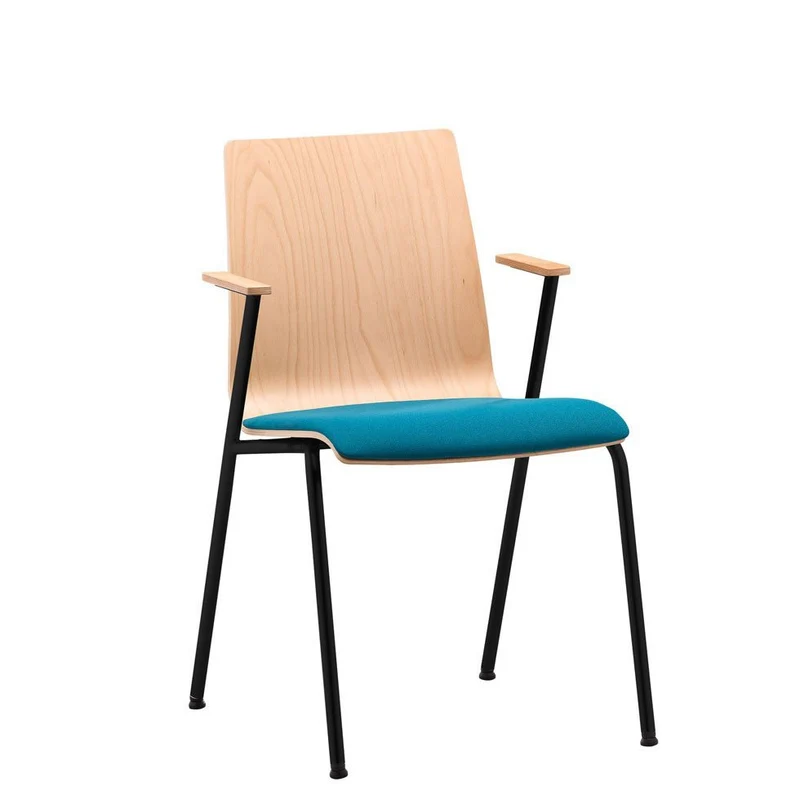 Stapelstuhl Besucherstuhl 4-Fuß PLUS 5 Sitzfpolster mit Armlehnen - Holzschalenstuhl - Brandschutzklasse B1 - Verkettung