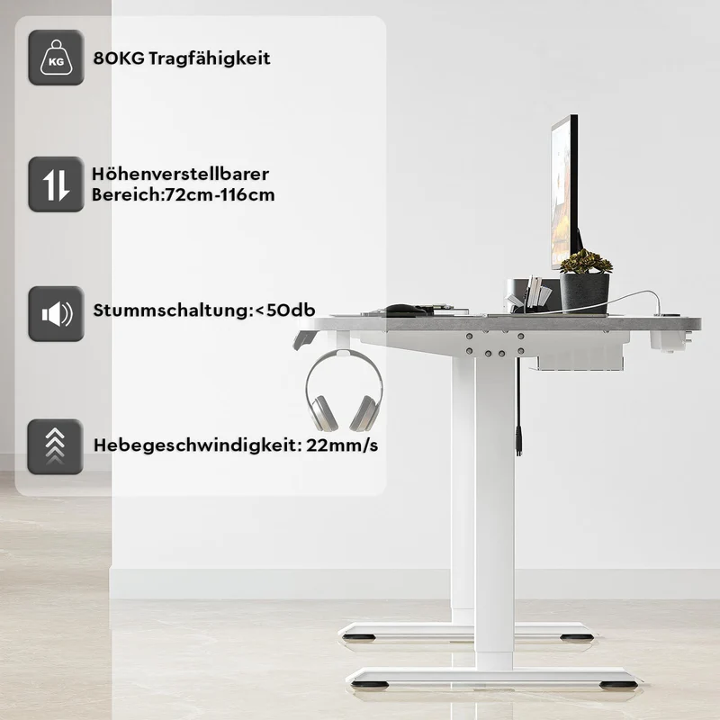 Elektrisch höhenverstellbarer Schreibtisch mit Steckdosenleiste und kabellosem Laden