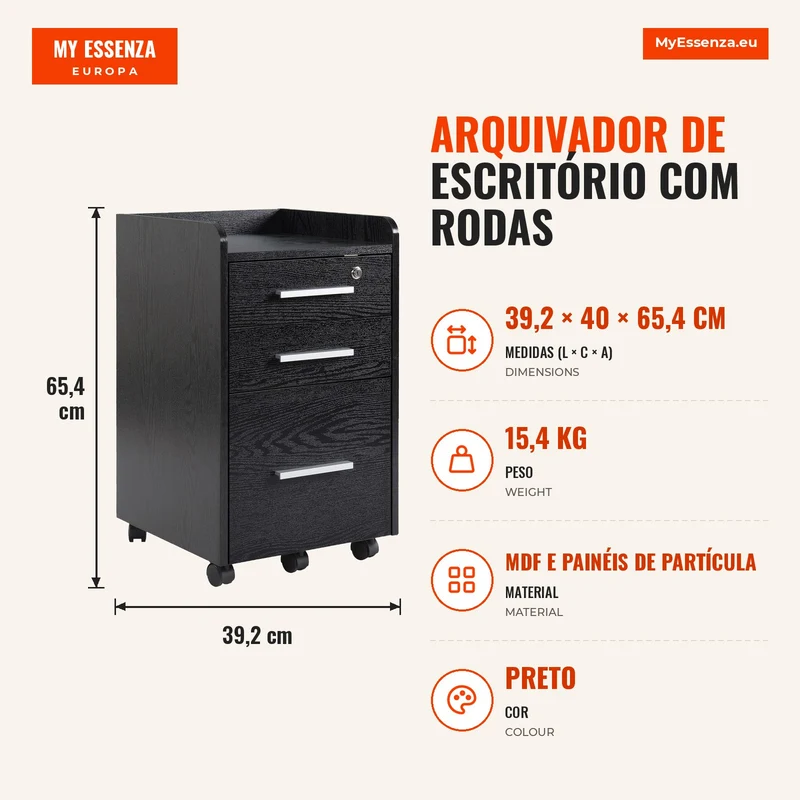 Arquivador de Escritório com Rodas 3 Gavetas 1 com Fechadura Móvel para Arquivos 39,2x40x65,4cm Preto