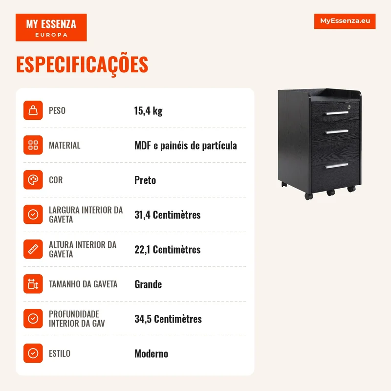 Arquivador de Escritório com Rodas 3 Gavetas 1 com Fechadura Móvel para Arquivos 39,2x40x65,4cm Preto