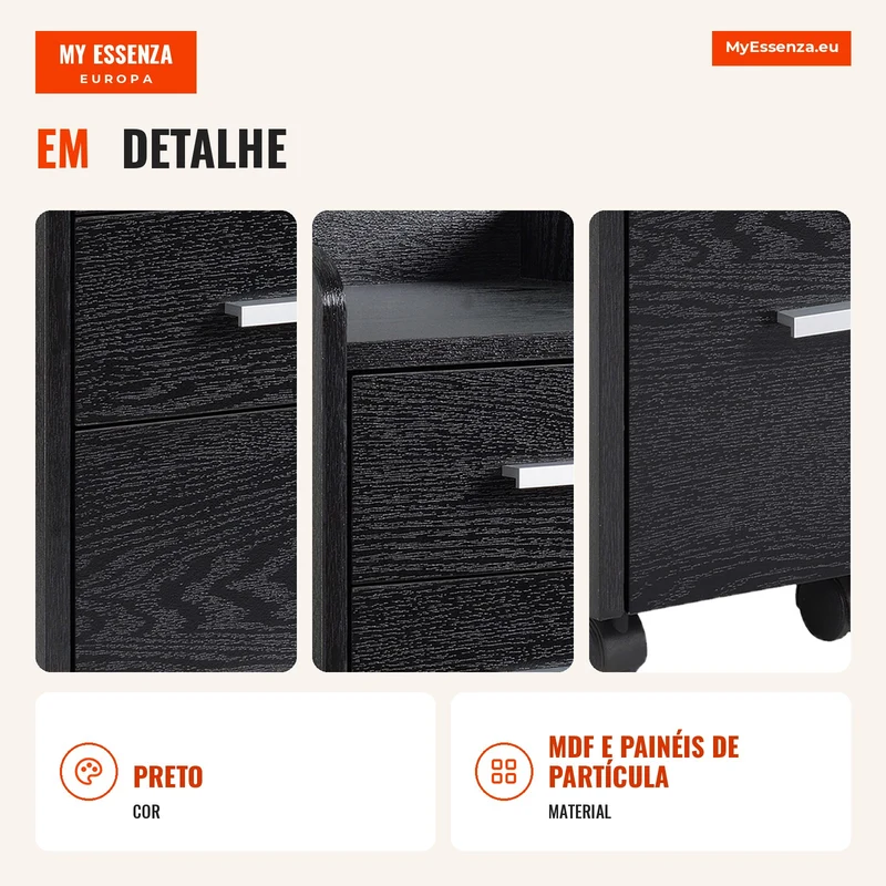Arquivador de Escritório com Rodas 3 Gavetas 1 com Fechadura Móvel para Arquivos 39,2x40x65,4cm Preto