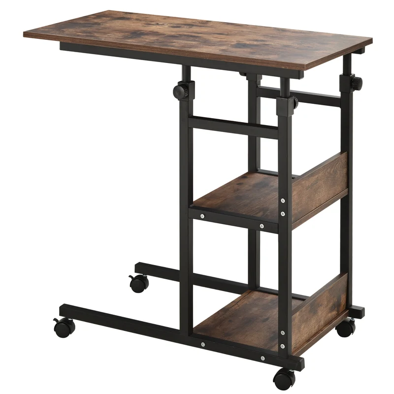 Mesa de Apoio com Rodas, altura ajustável, compacta, 2 prateleiras, estrutura metálica, 80x40x72-82 cm, Marrom/Preto