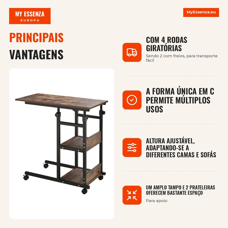 Mesa de Apoio com Rodas, altura ajustável, compacta, 2 prateleiras, estrutura metálica, 80x40x72-82 cm, Marrom/Preto