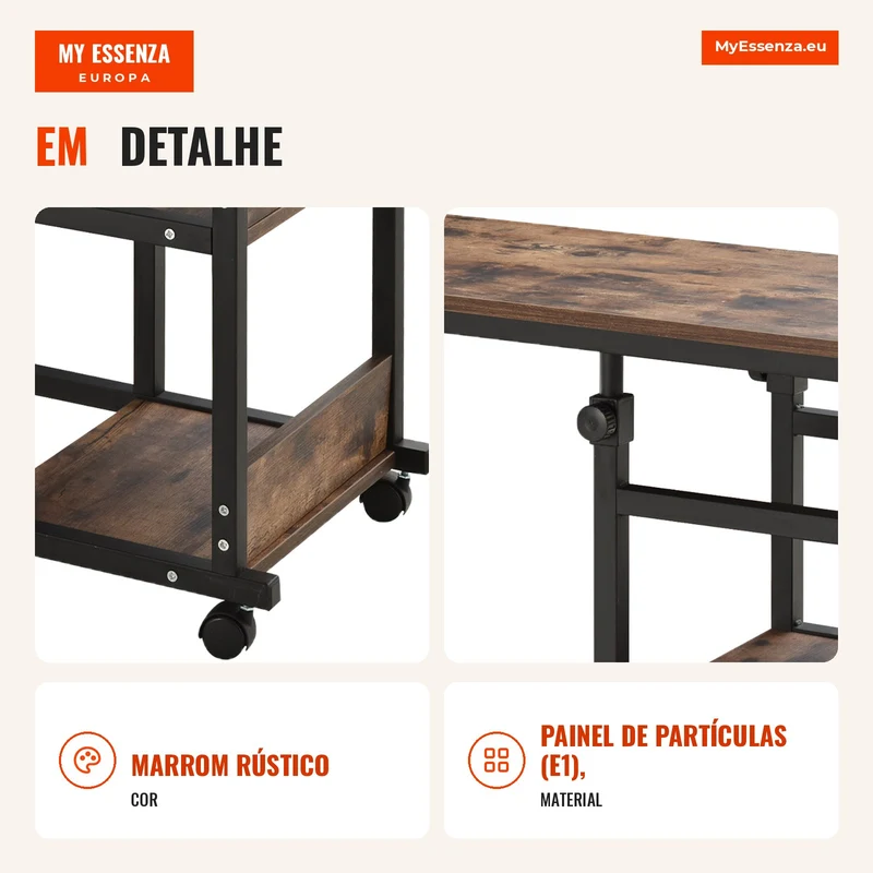 Mesa de Apoio com Rodas, altura ajustável, compacta, 2 prateleiras, estrutura metálica, 80x40x72-82 cm, Marrom/Preto