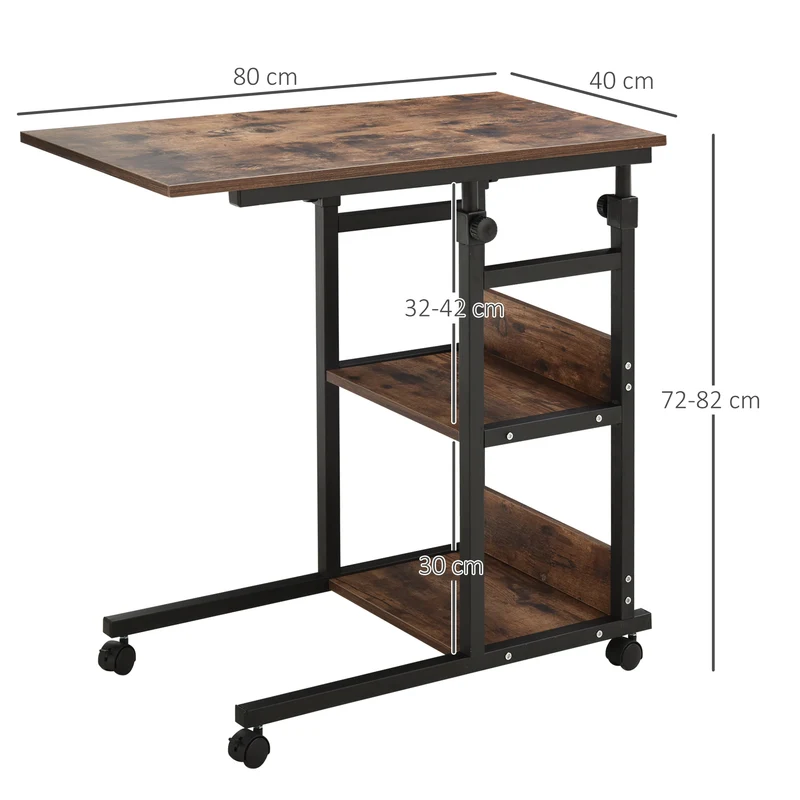 Mesa de Apoio com Rodas, altura ajustável, compacta, 2 prateleiras, estrutura metálica, 80x40x72-82 cm, Marrom/Preto