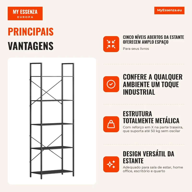 Estante, Prateleira de 5 Níveis, Estante Industrial para Escritório com Estrutura Metálica, Estante Aberta para Sala de Estar, Escritório, Home Office, 60x30x170,5 cm, Preto