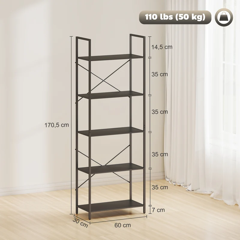 Estante, Prateleira de 5 Níveis, Estante Industrial para Escritório com Estrutura Metálica, Estante Aberta para Sala de Estar, Escritório, Home Office, 60x30x170,5 cm, Preto