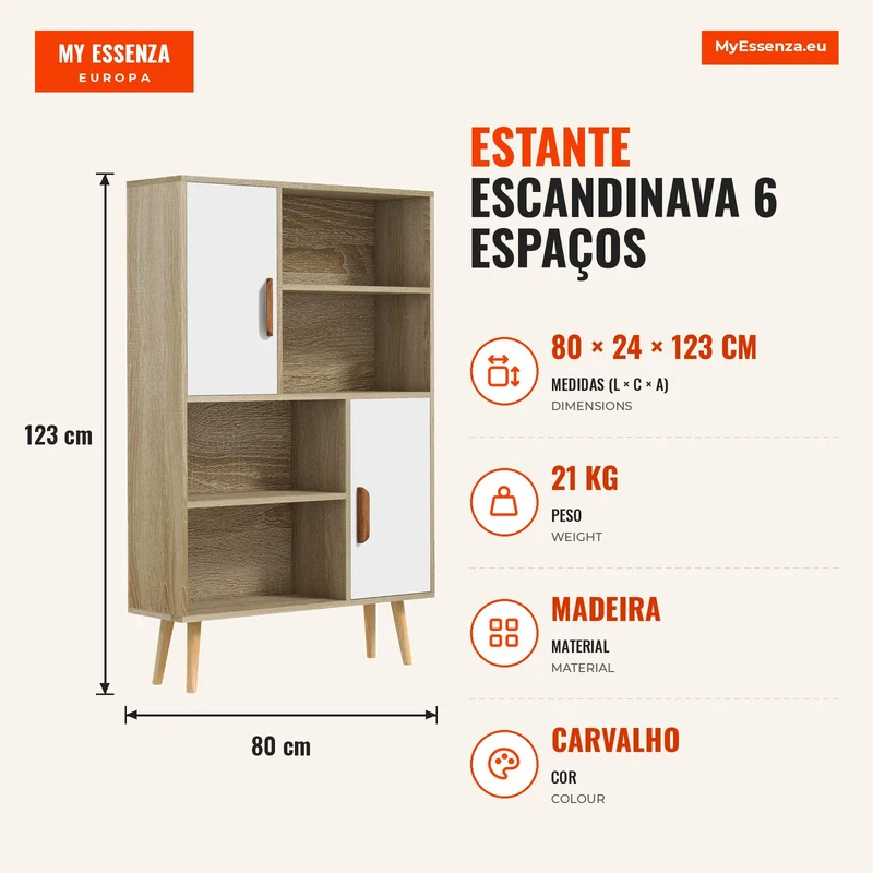 Estante Escandinava 6 Espaços (4 Casas + 2 Portas) Carvalho