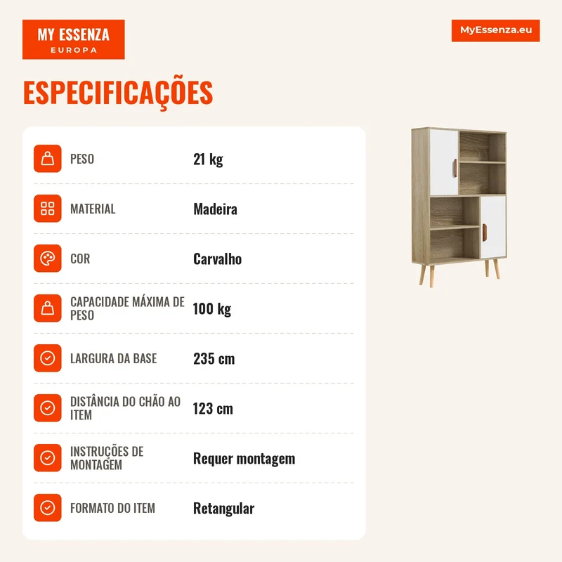 Estante Escandinava 6 Espaços (4 Casas + 2 Portas) Carvalho