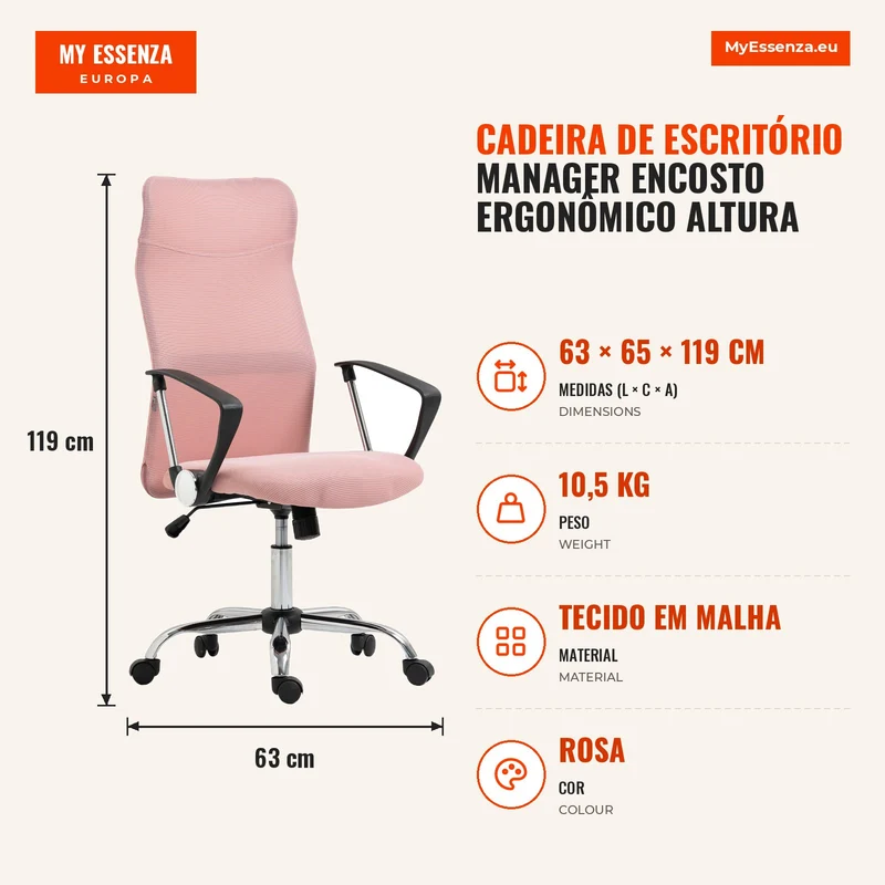 Cadeira de escritório manager encosto ergonômico altura do assento ajustável giratória tecido malha 63x65x119109-119cm rosa