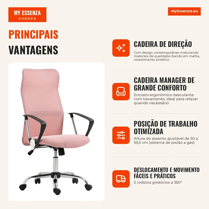 Cadeira de escritório manager encosto ergonômico altura do assento ajustável giratória tecido malha 63x65x119109-119cm rosa