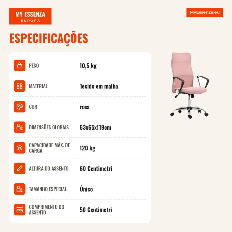 Cadeira de escritório manager encosto ergonômico altura do assento ajustável giratória tecido malha 63x65x119109-119cm rosa