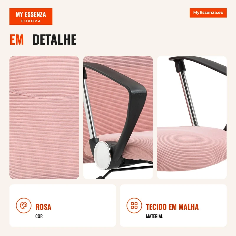 Cadeira de escritório manager encosto ergonômico altura do assento ajustável giratória tecido malha 63x65x119109-119cm rosa