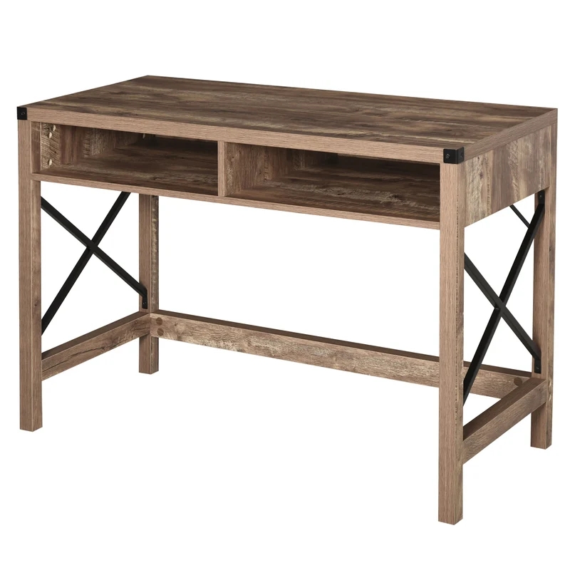 Secretária Design Industrial Tampo Grande 2 nichos Metal Preto Painéis Aglomerado Imitação Madeira Veios Castanho